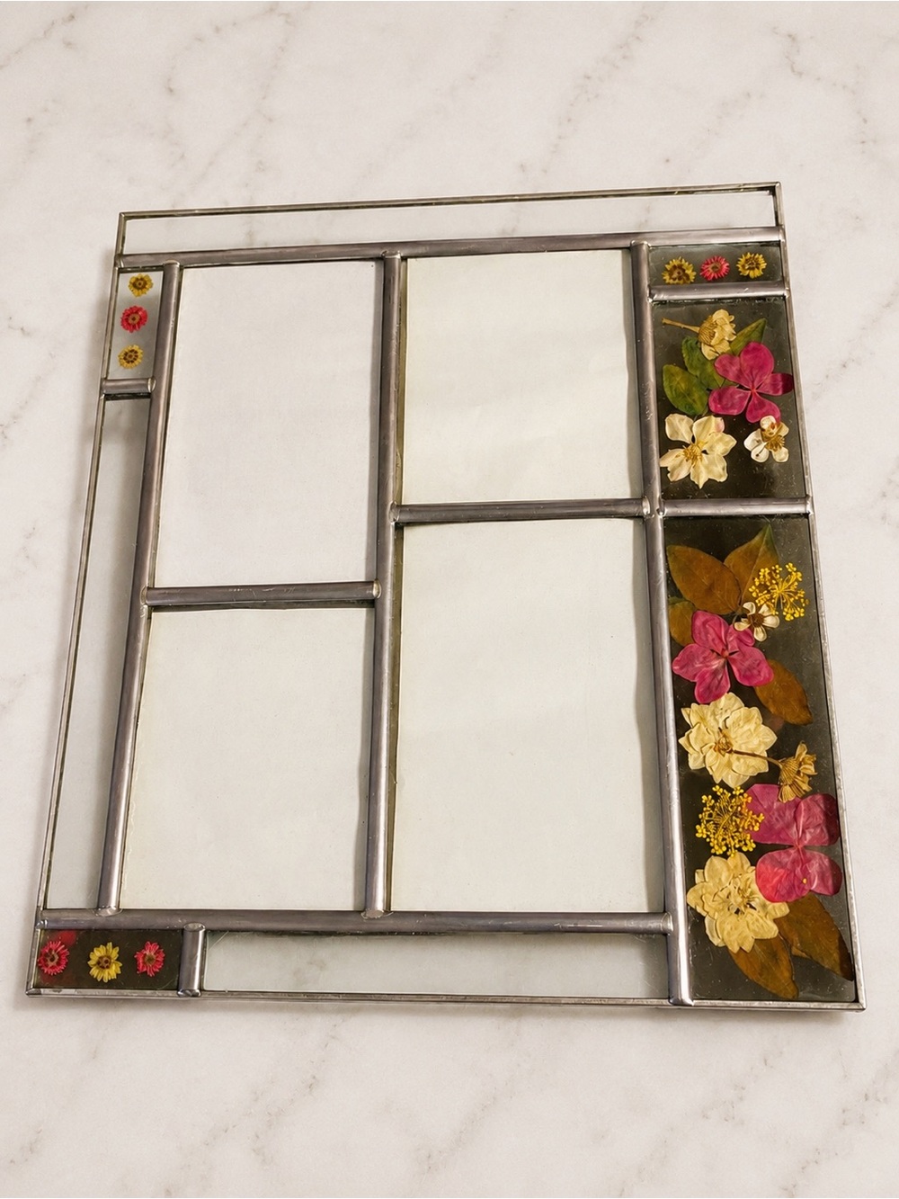 Vintage Leaded Glass Pressed Flower Collage Picture Frame Cottagecore 11 x 8.5